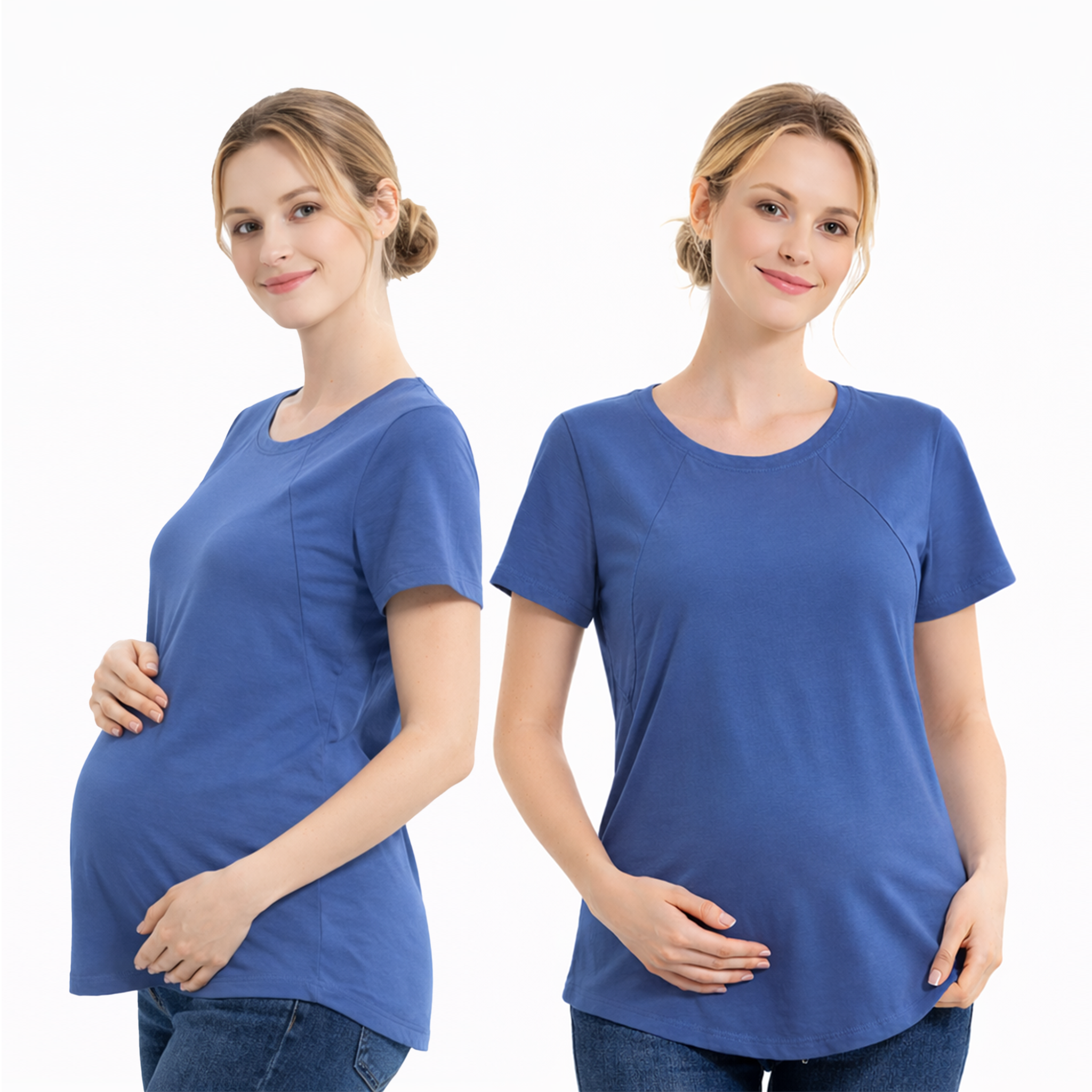 Blue short sleeve maternity nursing top with dual zipper breastfeeding access