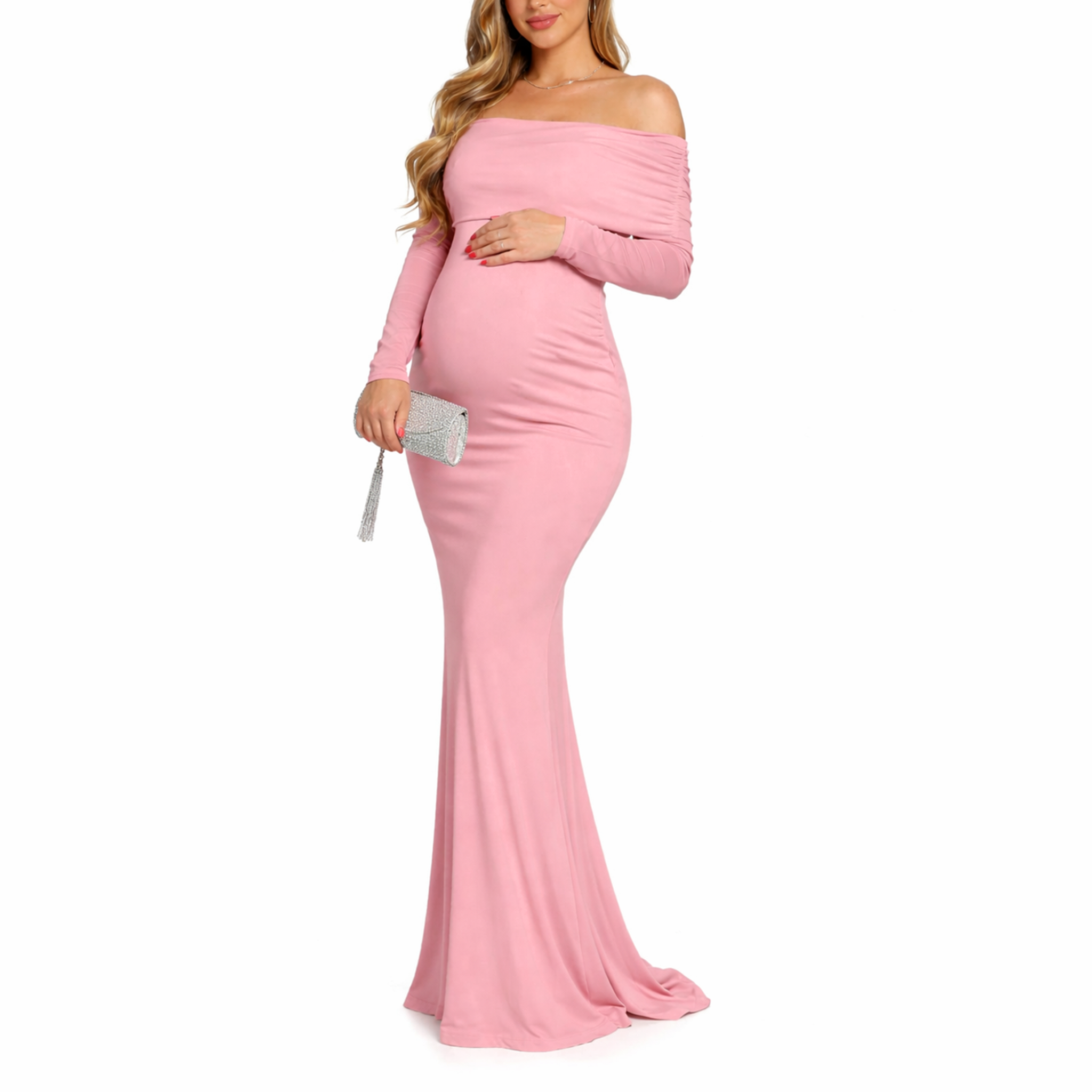 Pink off-shoulder long sleeve maternity mermaid maxi dress