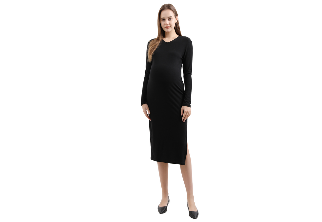 V-Neck Fitted Maternity Maxi Sweater Dress Dresses Alina Mae Maternity Black Small (4-6) 