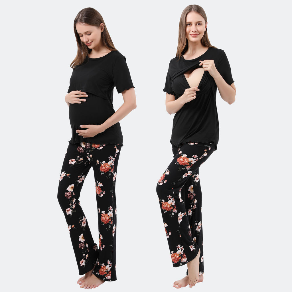 Bump Friendly Nursing Pajama Set Colored Sleepwear Alina Mae Maternity Black Floral Small (4-6) 