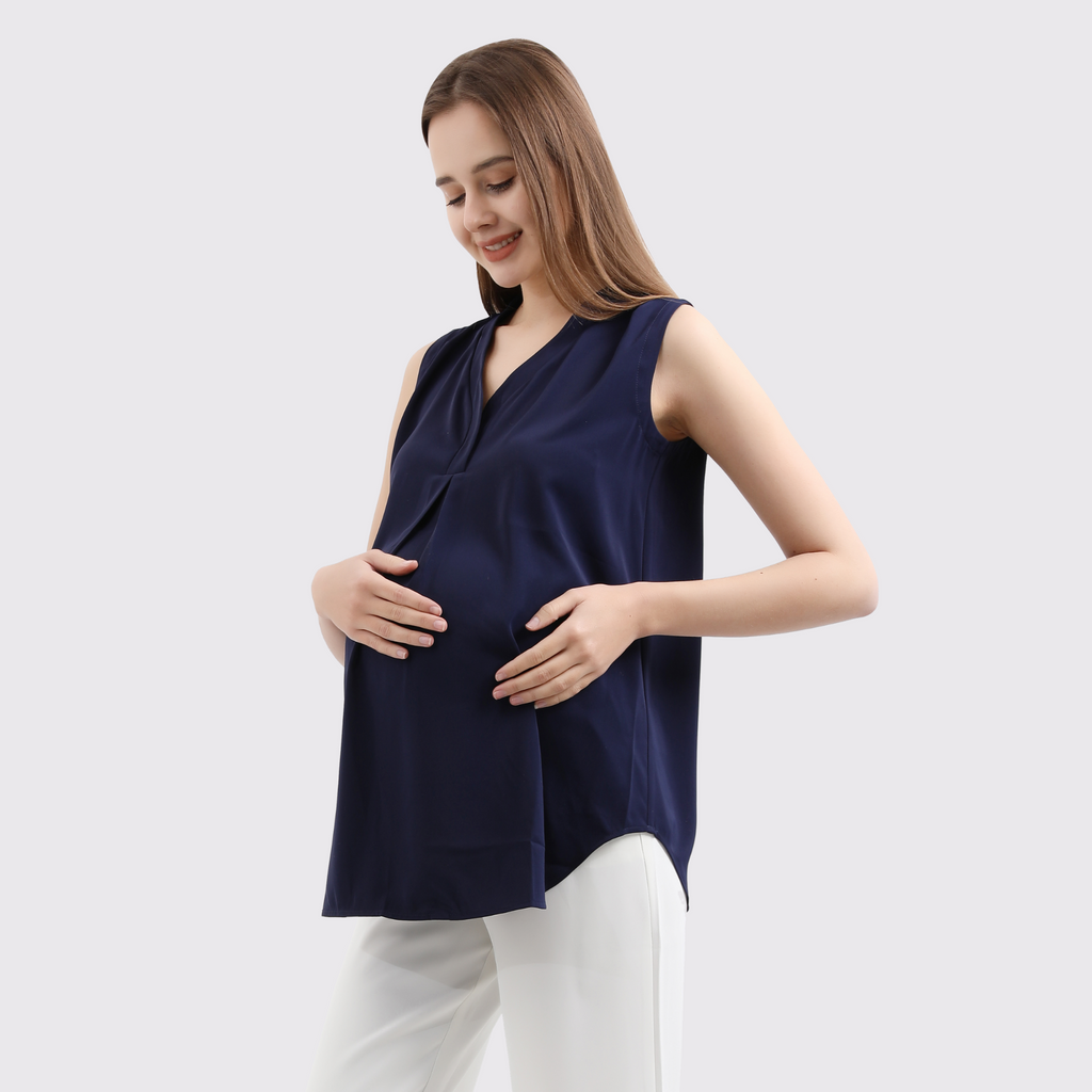 Pleat Front V-Neck Maternity Blouse Tops and Blouses Alina Mae Maternity Navy X-Small (0-2) 
