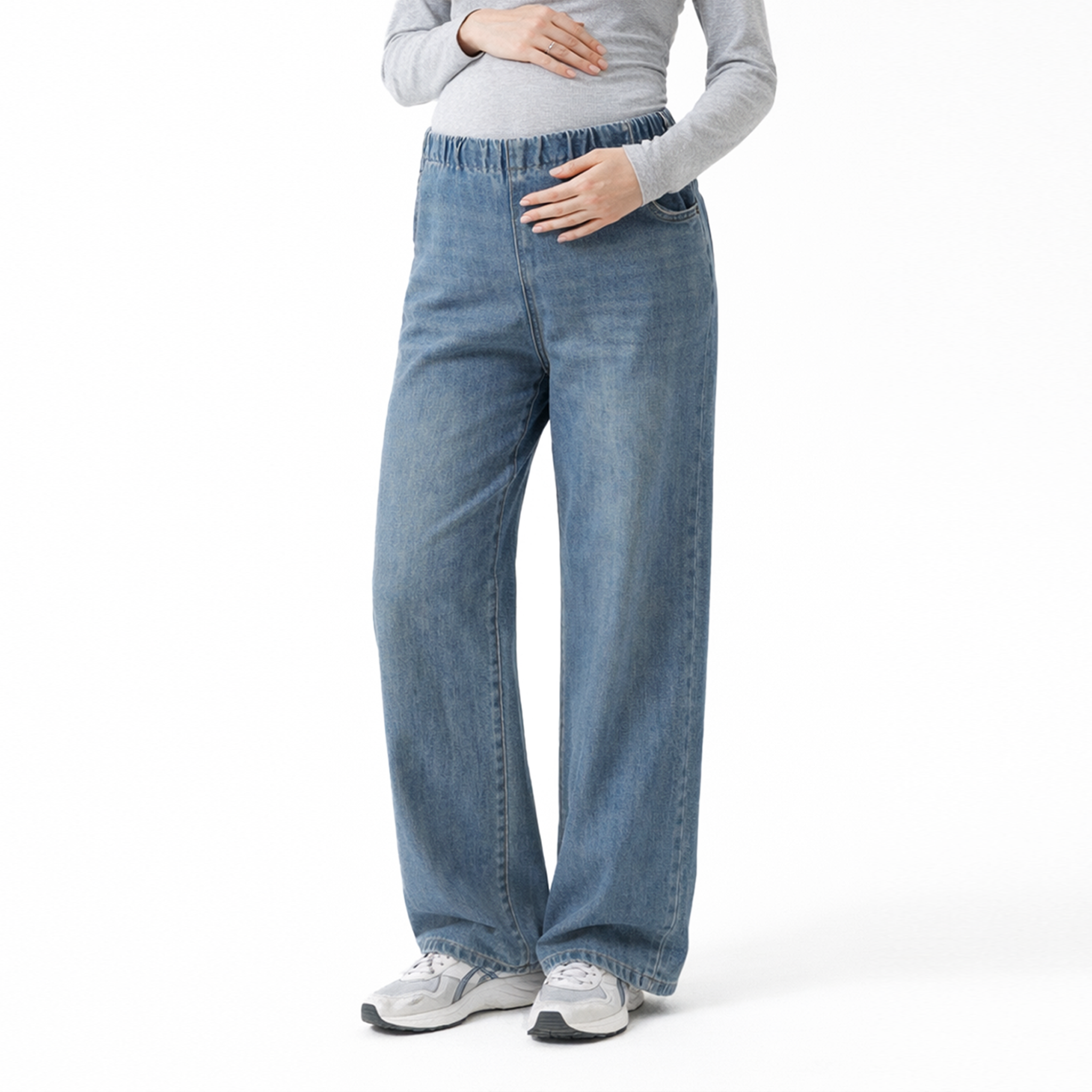 Vintage blue wide leg maternity jeans with elastic waistband and side drawstring
