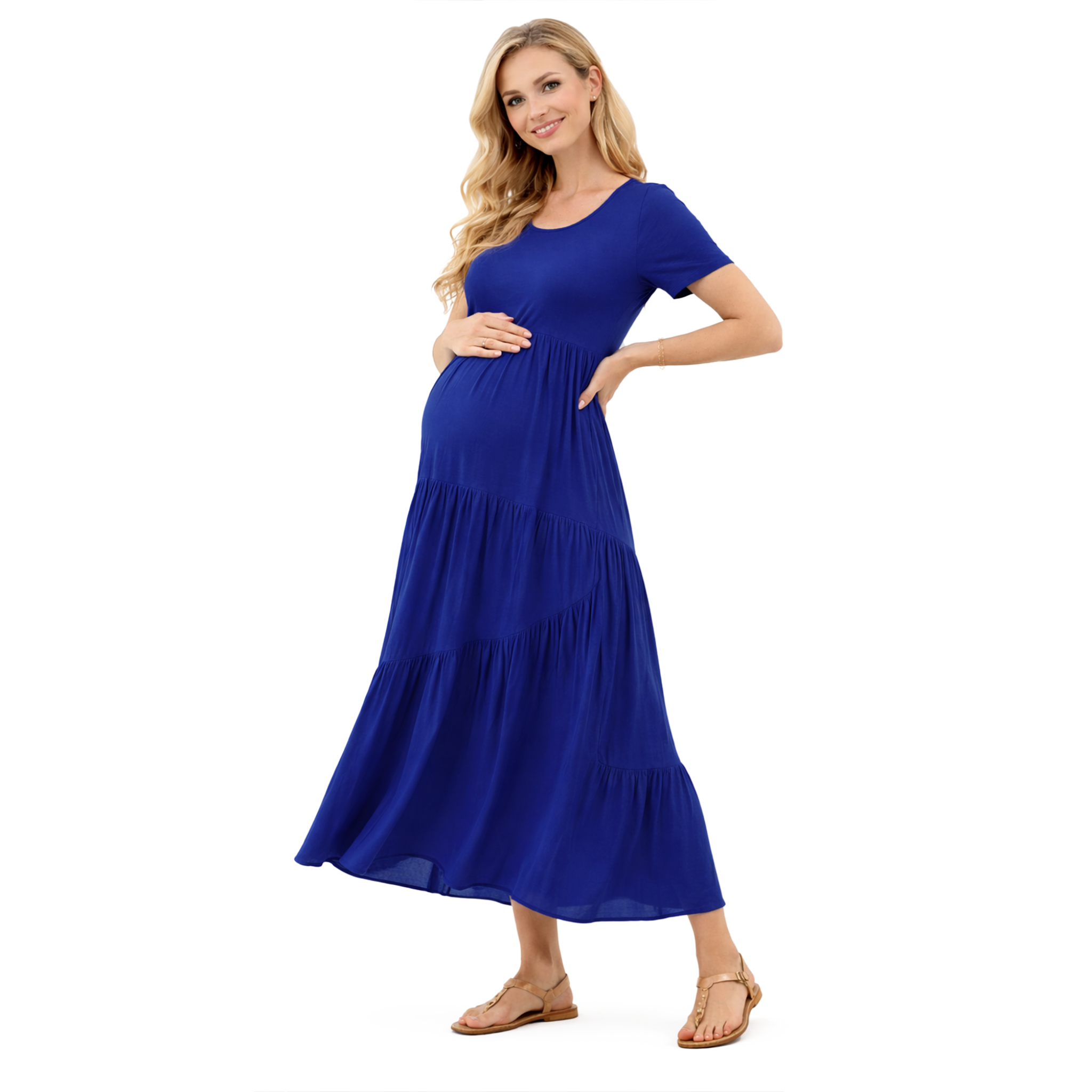 Royal blue short sleeve tiered swing maxi dress