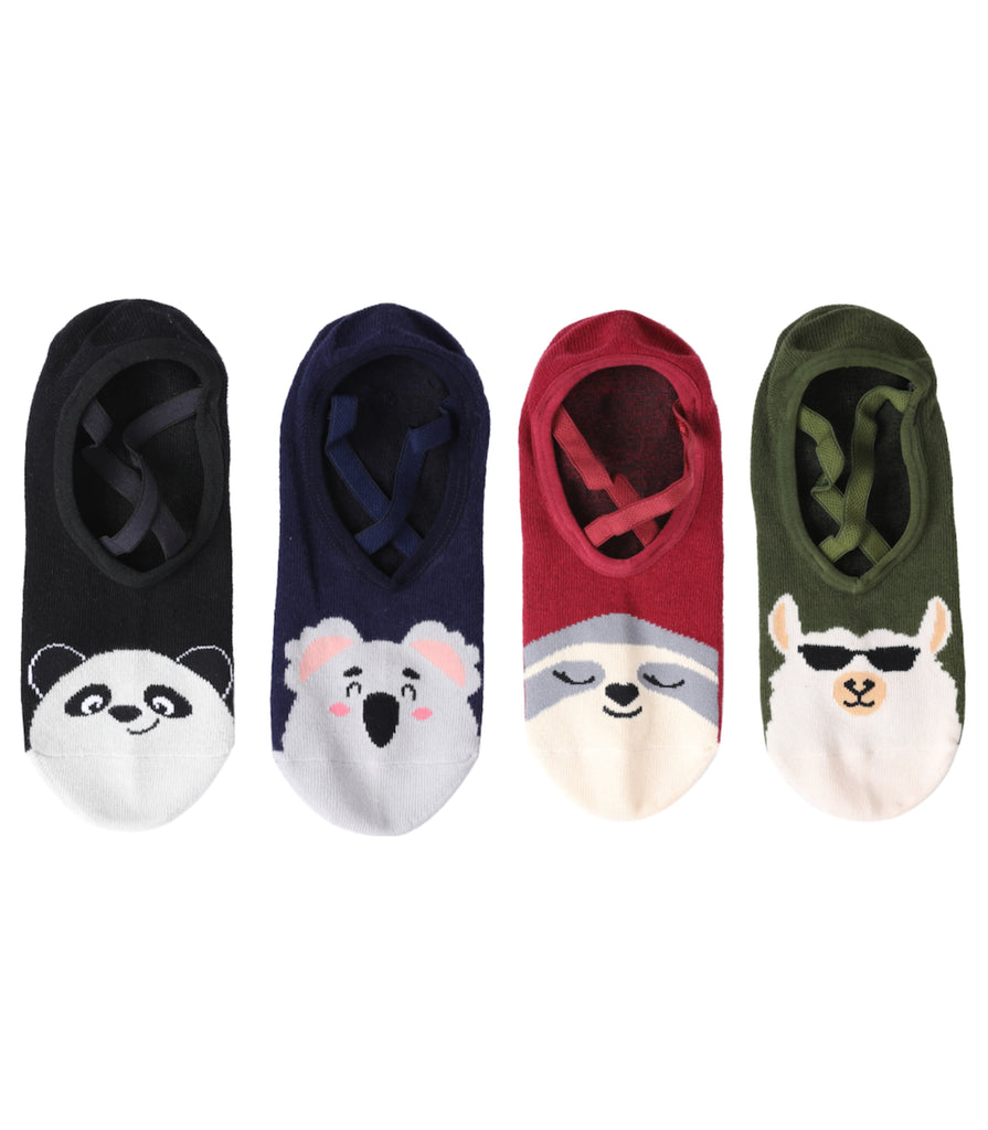 Four pairs of cute animal-themed no-show socks in black, navy, red, and green designs featuring panda, koala, sloth, and llama faces.