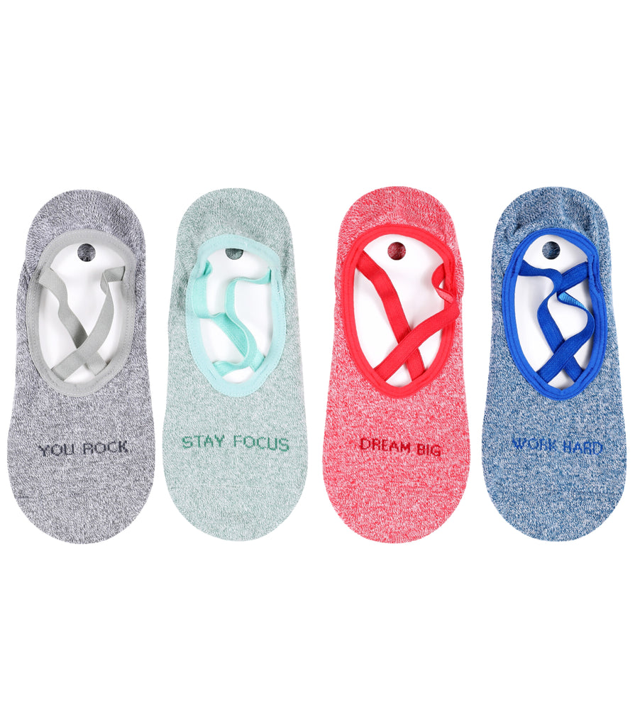 Four pairs of colorful ankle socks with motivational phrases "You Rock," "Stay Focus," "Dream Big," and "Work Hard" printed on them, featuring different colored straps and fabric textures.