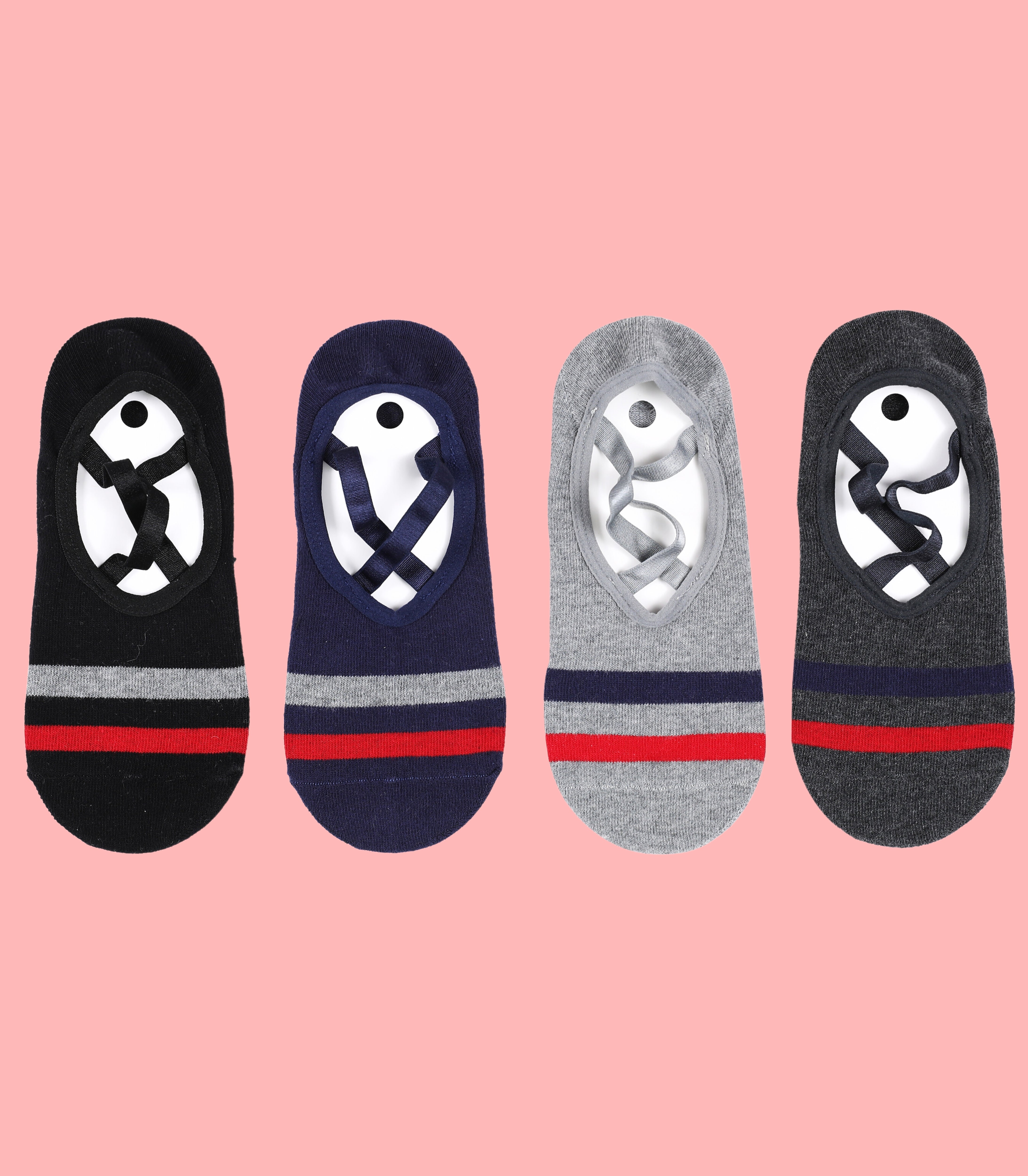 Four pairs of low-cut sports socks in black, navy, gray, and dark gray with criss-cross elastic bands and colorful stripes on a pink background.