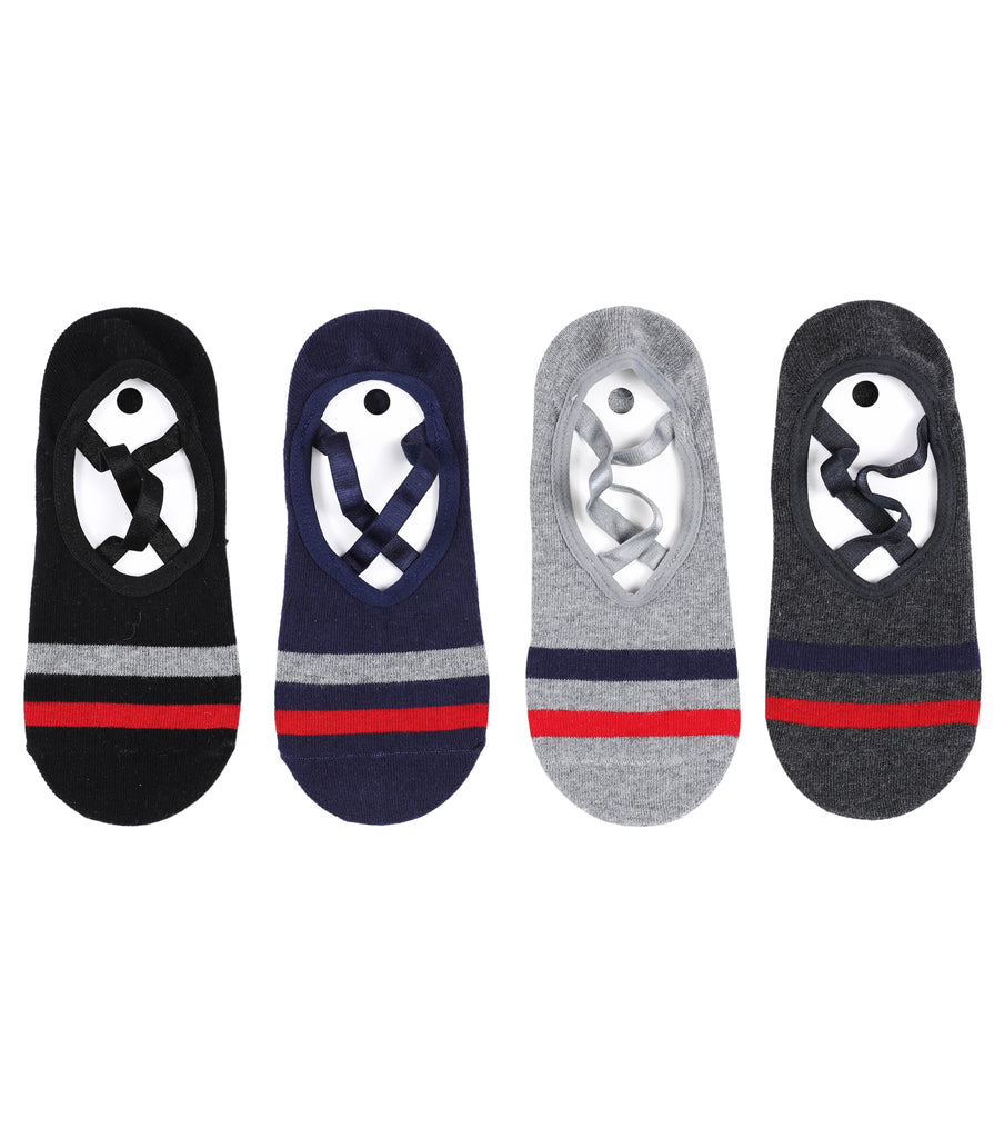 Four pairs of no-show socks in black, navy, grey, and dark grey, each with decorative lace detailing and colored stripes.