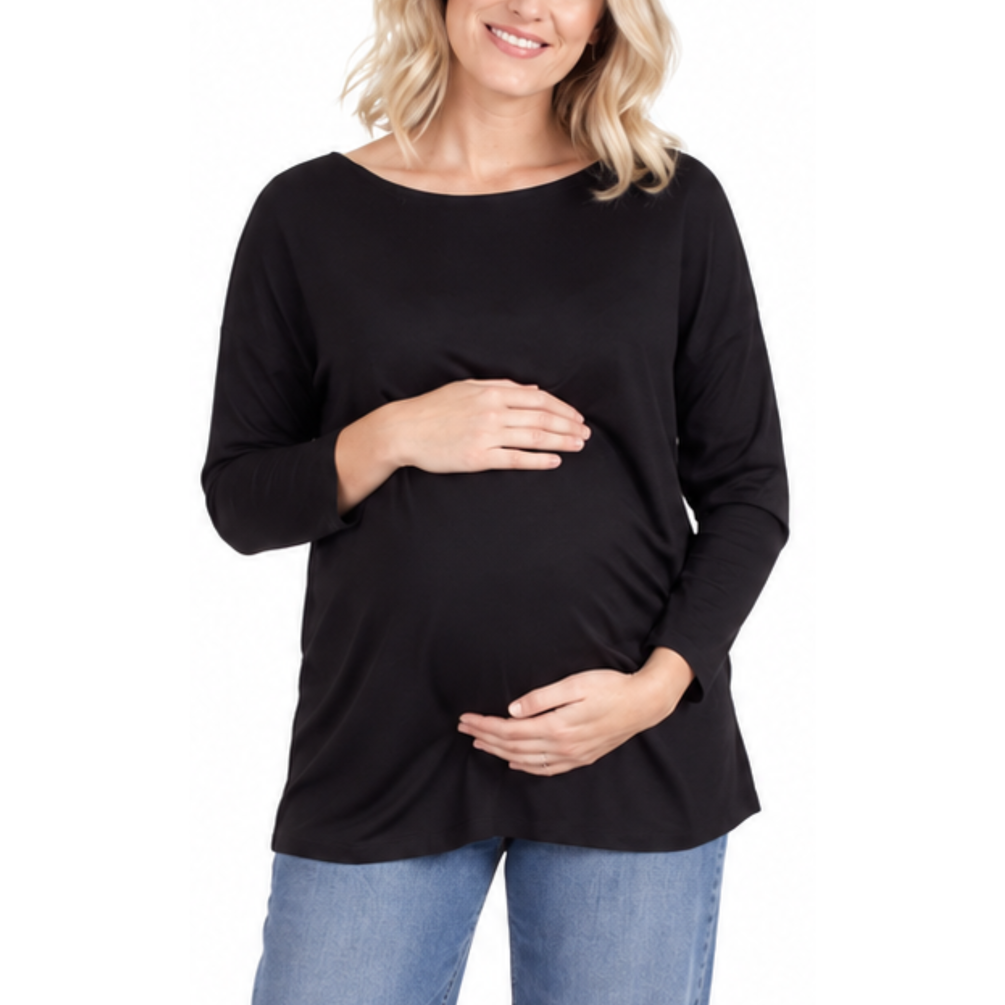Pregnant model wearing a black maternity oversized long-sleeve top with a round neckline and relaxed draped fit.