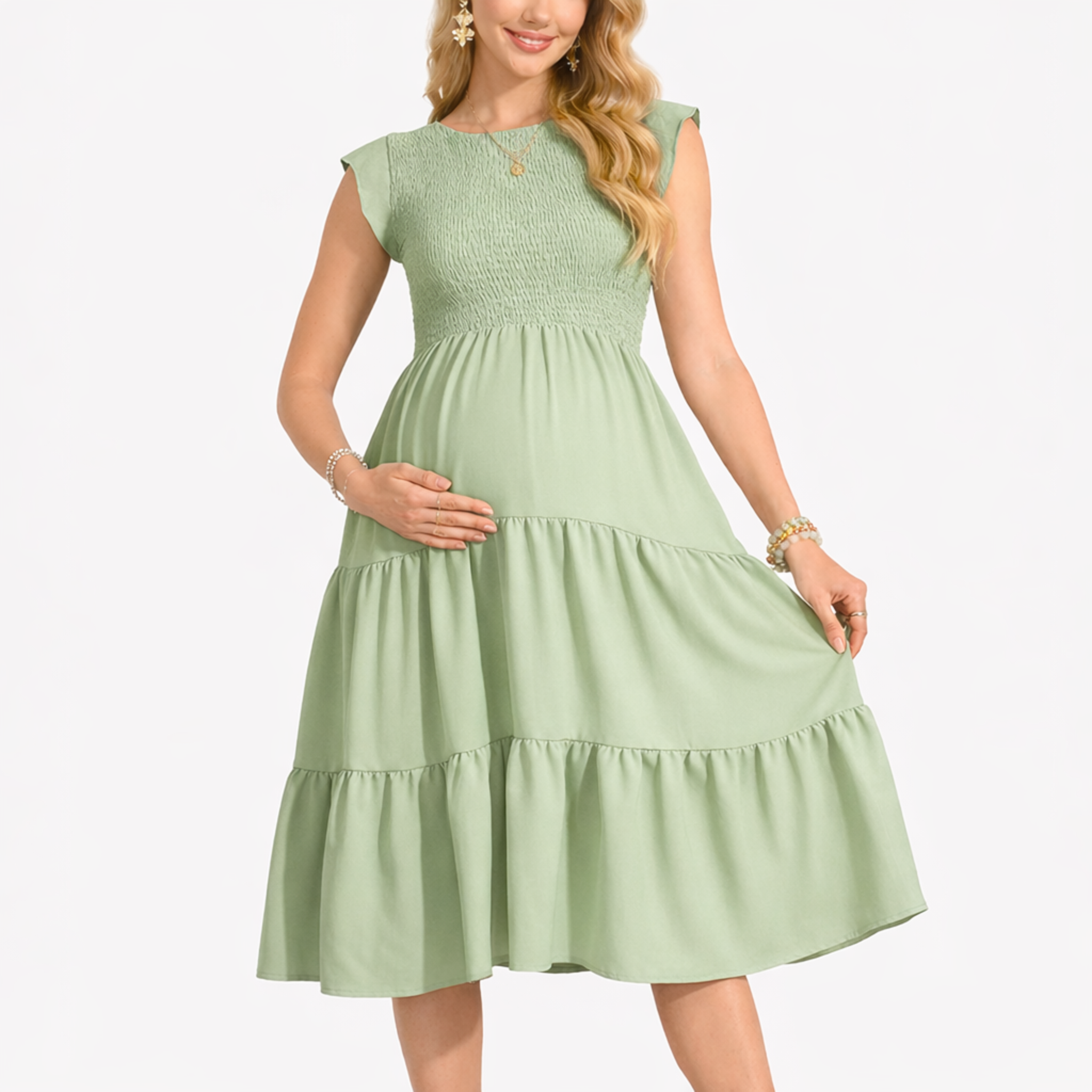 Ruffle sleeve tiered maternity midi dress in light green with a flowy bump-friendly fit