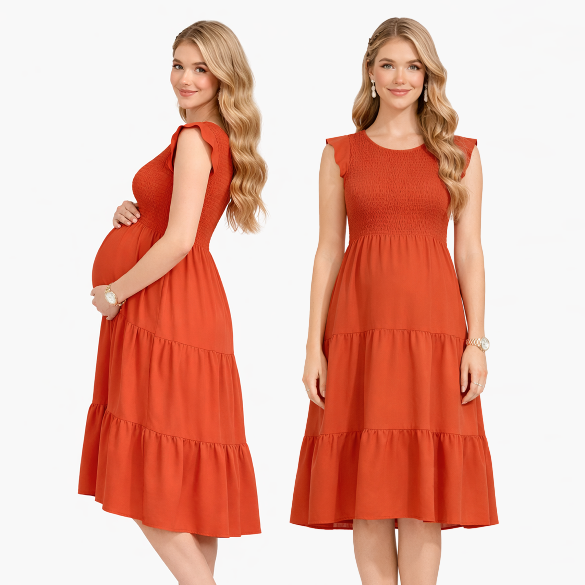 Ruffle sleeve tiered maternity midi dress in orange with a flowy bump-friendly fit