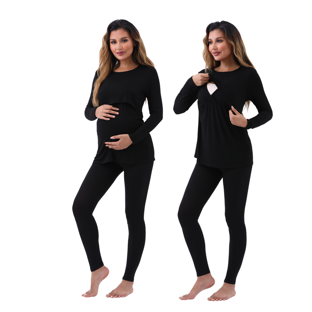 Long Sleeve Bump Friendly Nursing Pajama Set Sleepwear Alina Mae Maternity Black Shirt / Black Legging Small (4-6) 
