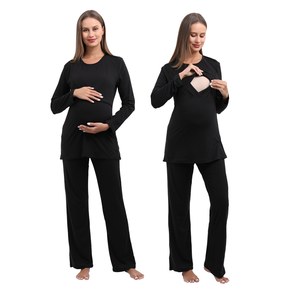 Long Sleeve Bump Friendly Nursing Pajama Set Sleepwear Alina Mae Maternity Black Shirt / Solid Black Pants Small (4-6) 