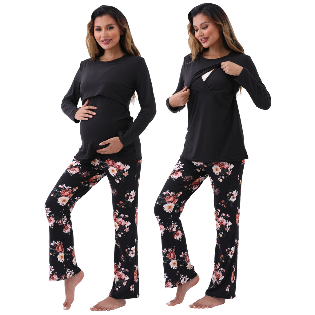 Long Sleeve Bump Friendly Nursing Pajama Set Sleepwear Alina Mae Maternity Black Shirt / Black Floral Pants Small (4-6) 