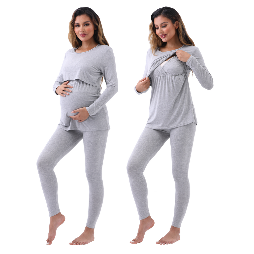 Long Sleeve Bump Friendly Nursing Pajama Set Sleepwear Alina Mae Maternity Gray Shirt / Gray Legging Small (4-6) 