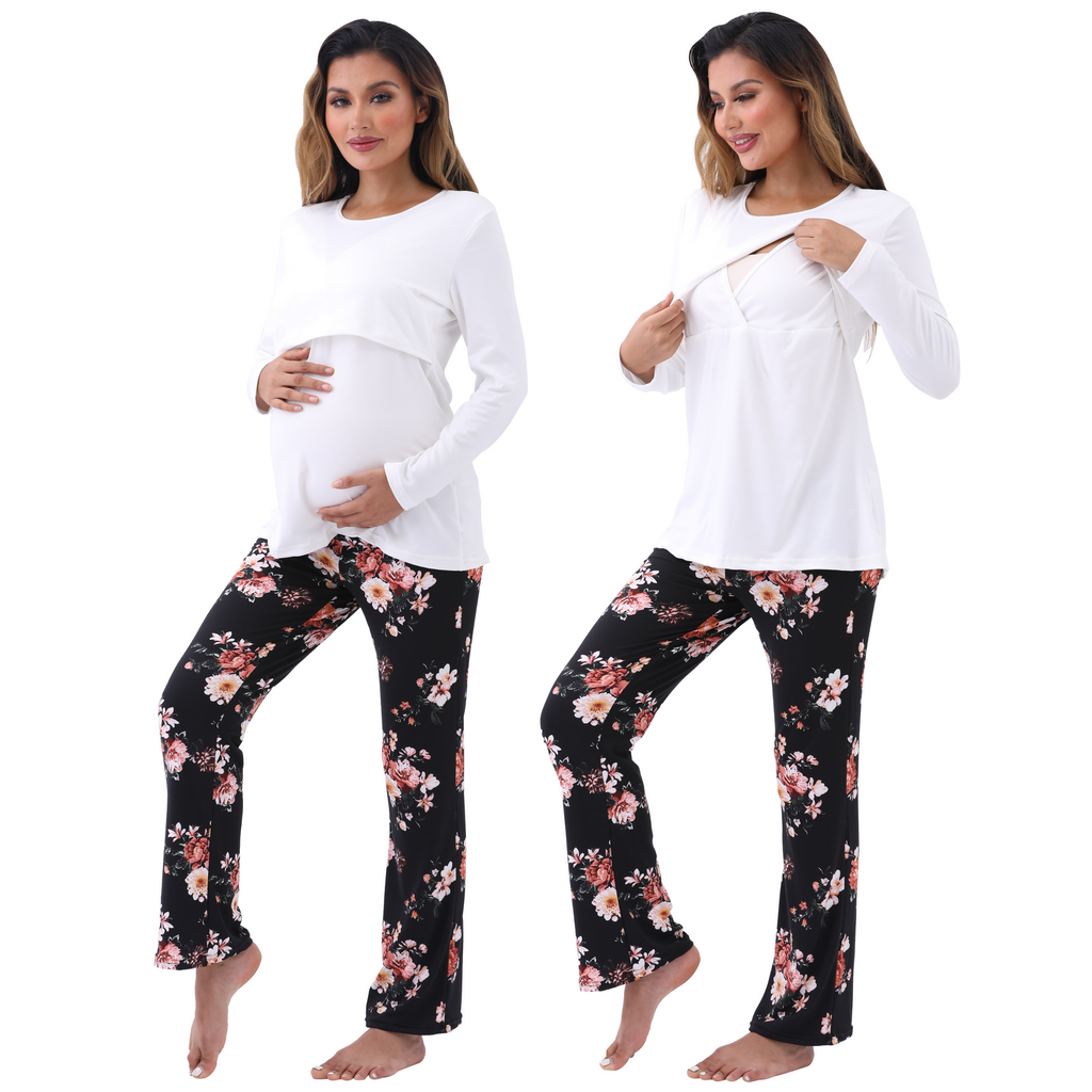 Long Sleeve Bump Friendly Nursing Pajama Set Sleepwear Alina Mae Maternity Black Floral Small (4-6) 