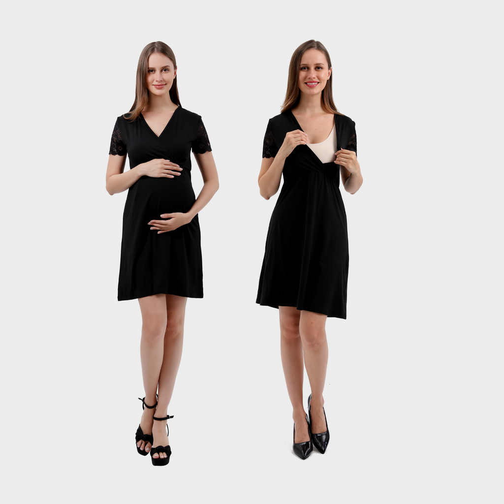 Maternity Nursing Dress with Lace Sleeves Dresses Alina Mae Maternity Black Small (4-6) 