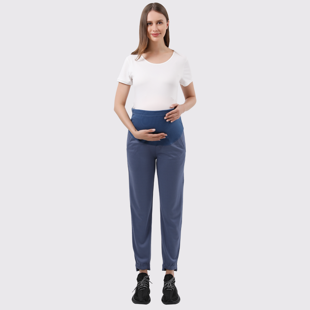 Elastic Hi-Low Cuff Maternity Sweatpants Bottoms Alina Mae Maternity Blue Small (4-6) 