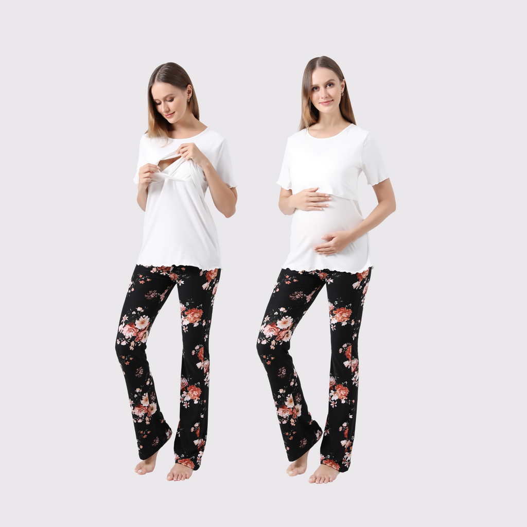 Bump Friendly Nursing Pajama Set Sleepwear Alina Mae Maternity Black Floral Small (4-6) 