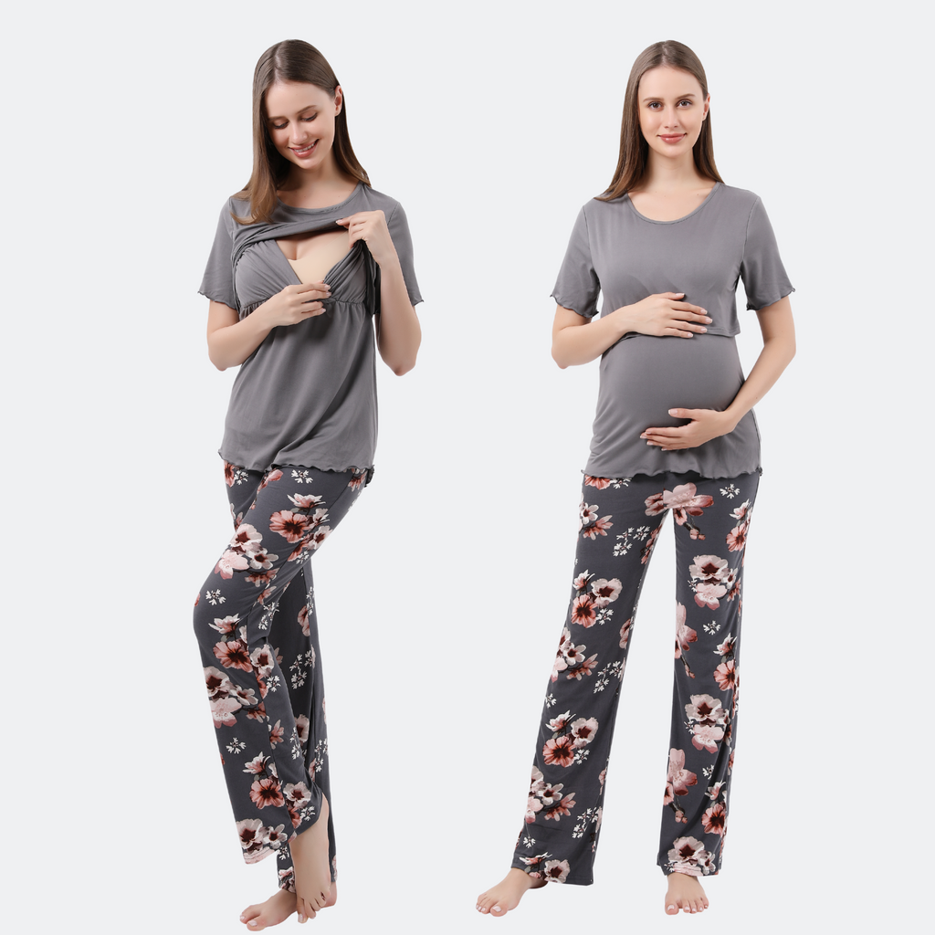 Bump Friendly Nursing Pajama Set Colored Sleepwear Alina Mae Maternity Gray Floral Small (4-6) 