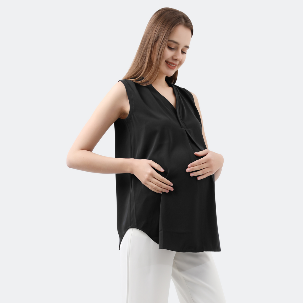 Pleat Front V-Neck Maternity Blouse Tops and Blouses Alina Mae Maternity Black X-Small (0-2) 