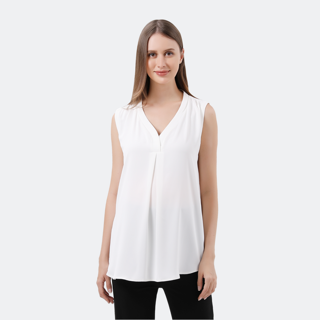 Pleat Front V-Neck Maternity Blouse Tops and Blouses Alina Mae Maternity White X-Small (0-2) 