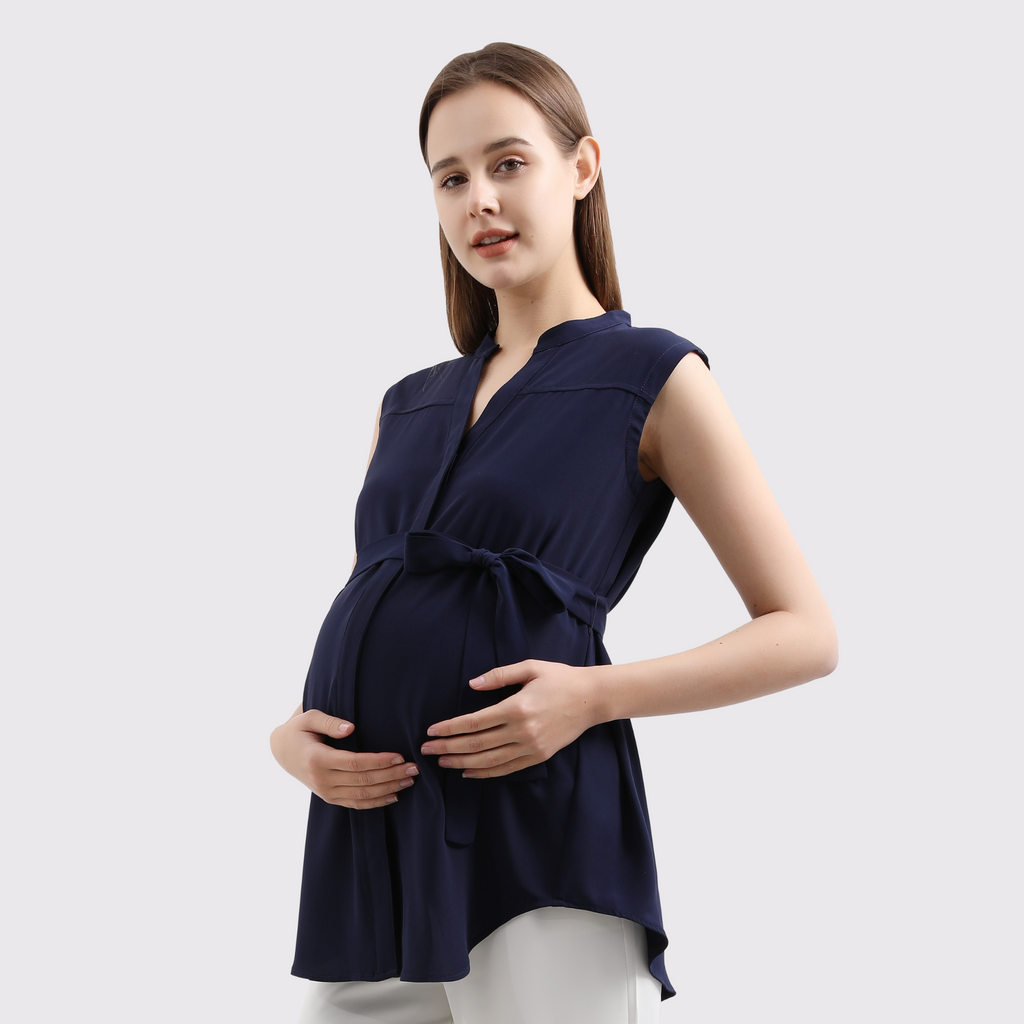 V-Neck Sleeveless Tie Front Maternity Blouse Tops and Blouses Alina Mae Maternity Navy Large (12-14) 